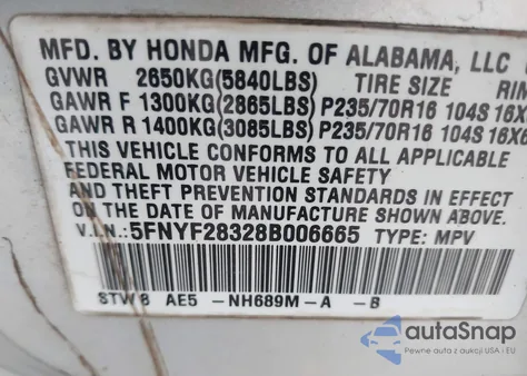 2008 Honda Pilot Se из США, поврежденный, VIN 5FNYF28328B006665